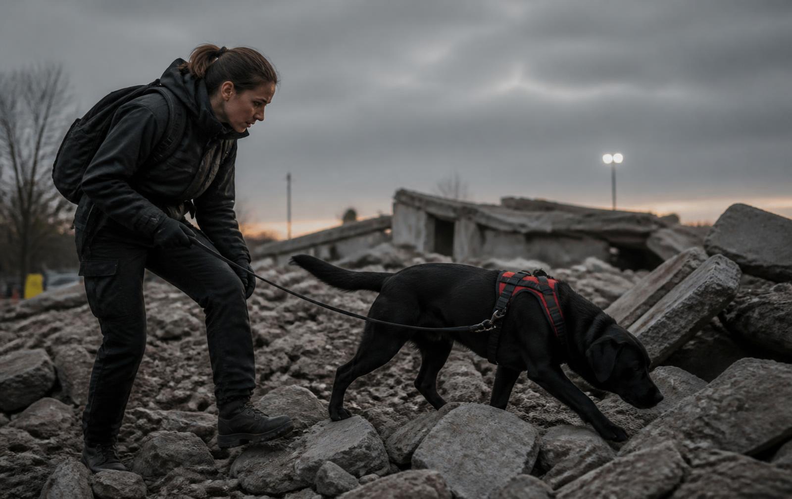 Binomio guía–perro trabajando sobre escombros durante un entrenamiento